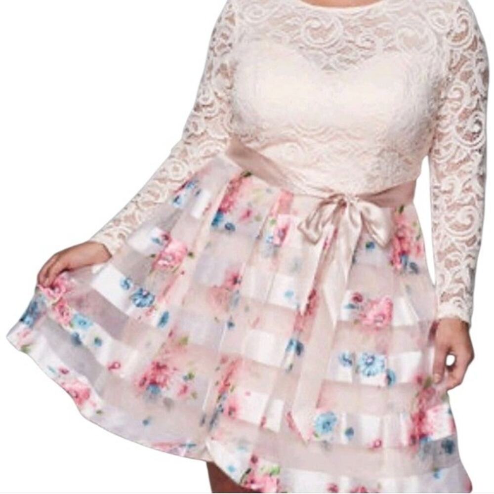 Teeze Me blush pink open Lace overlay with long lace Sleeves floral & sheer 2X